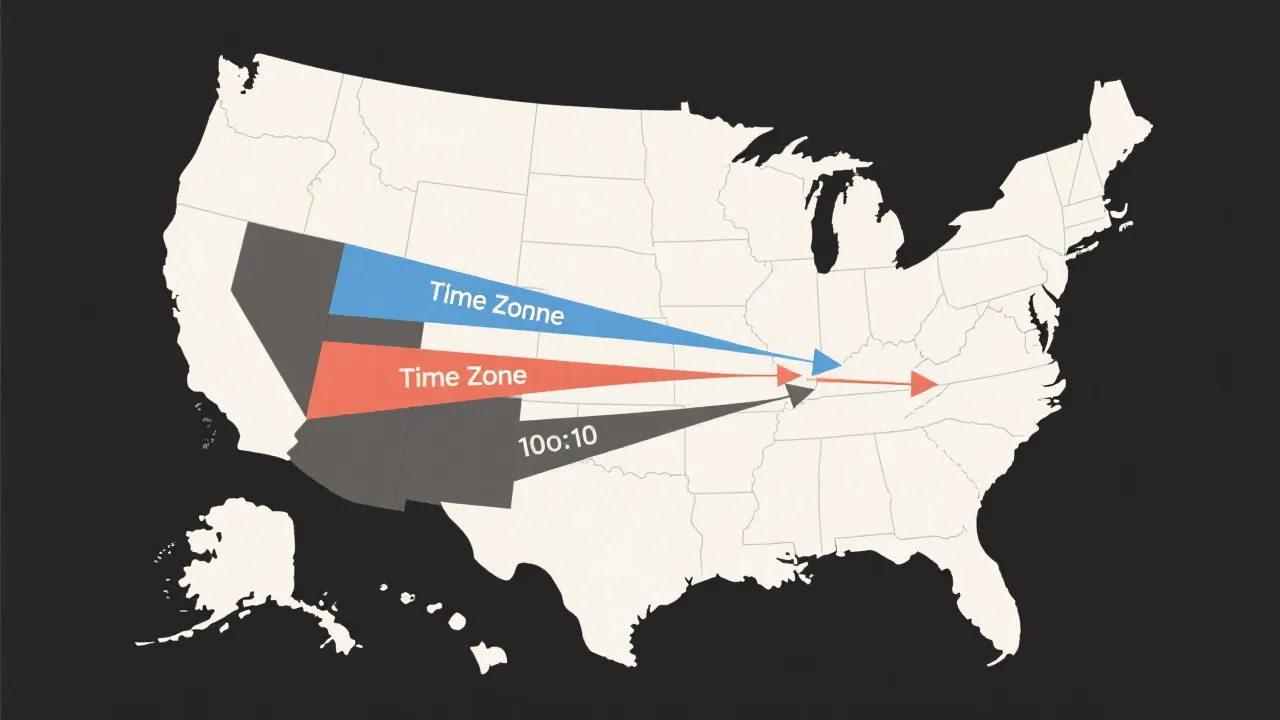 美国地图上叠加四大时区与观赛时间换算箭头的简洁信息图