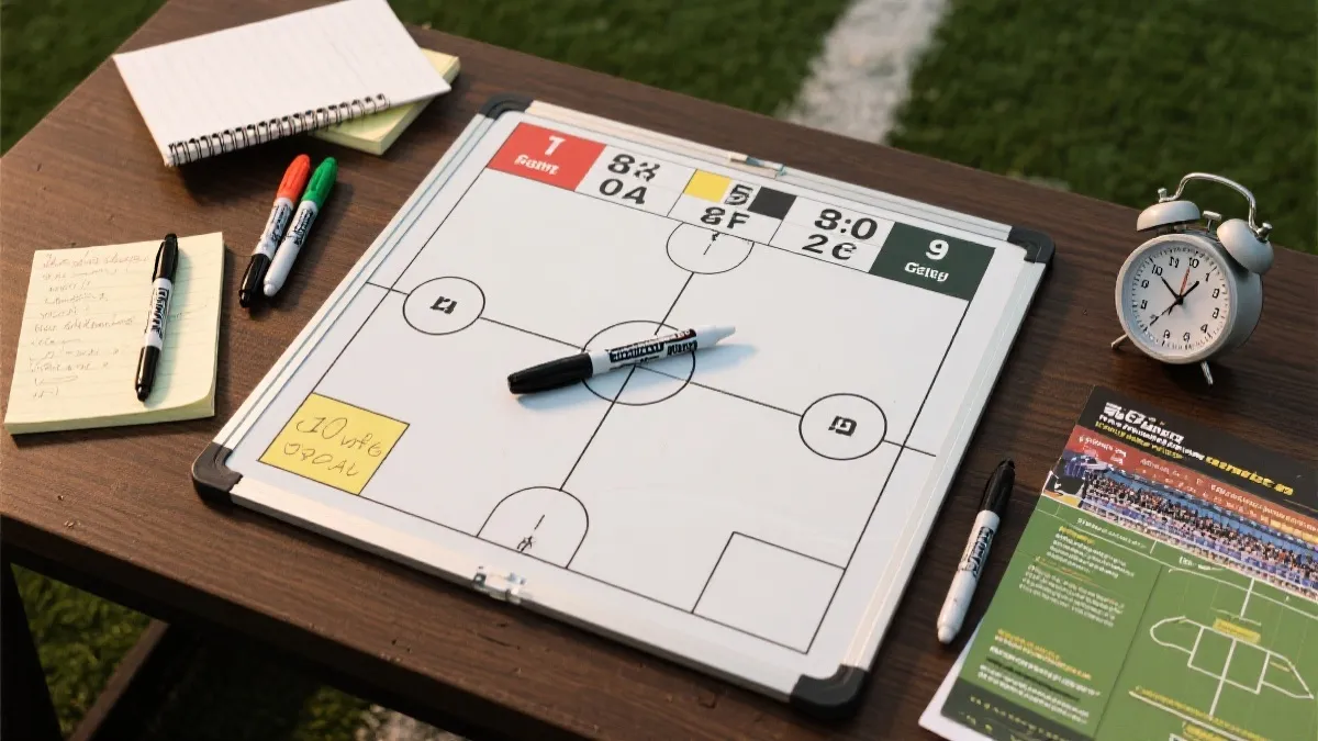 战术板与比分推演笔记的俯拍画面，世界杯观赛指南风格